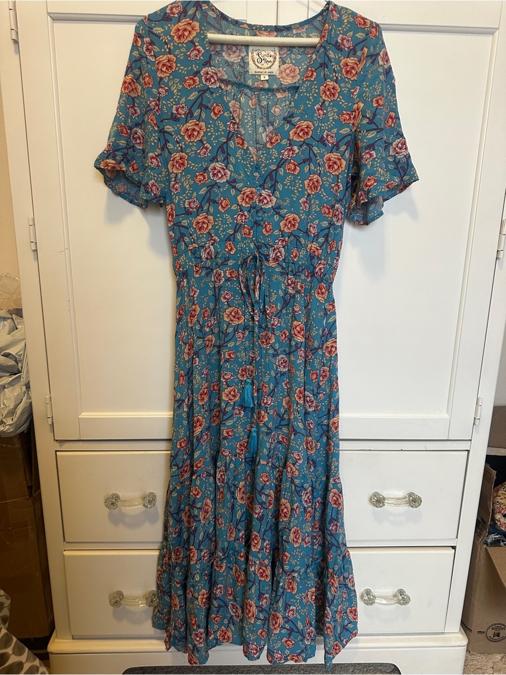 Blue Floral Maxi Dress with Tie Waist by Sunday Mi Amor